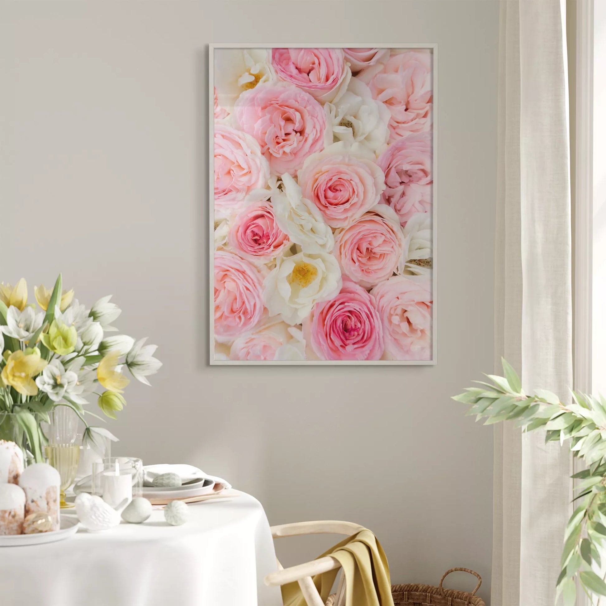 優雅なピンクと白のバラの花束アートポスター、インテリア装飾用