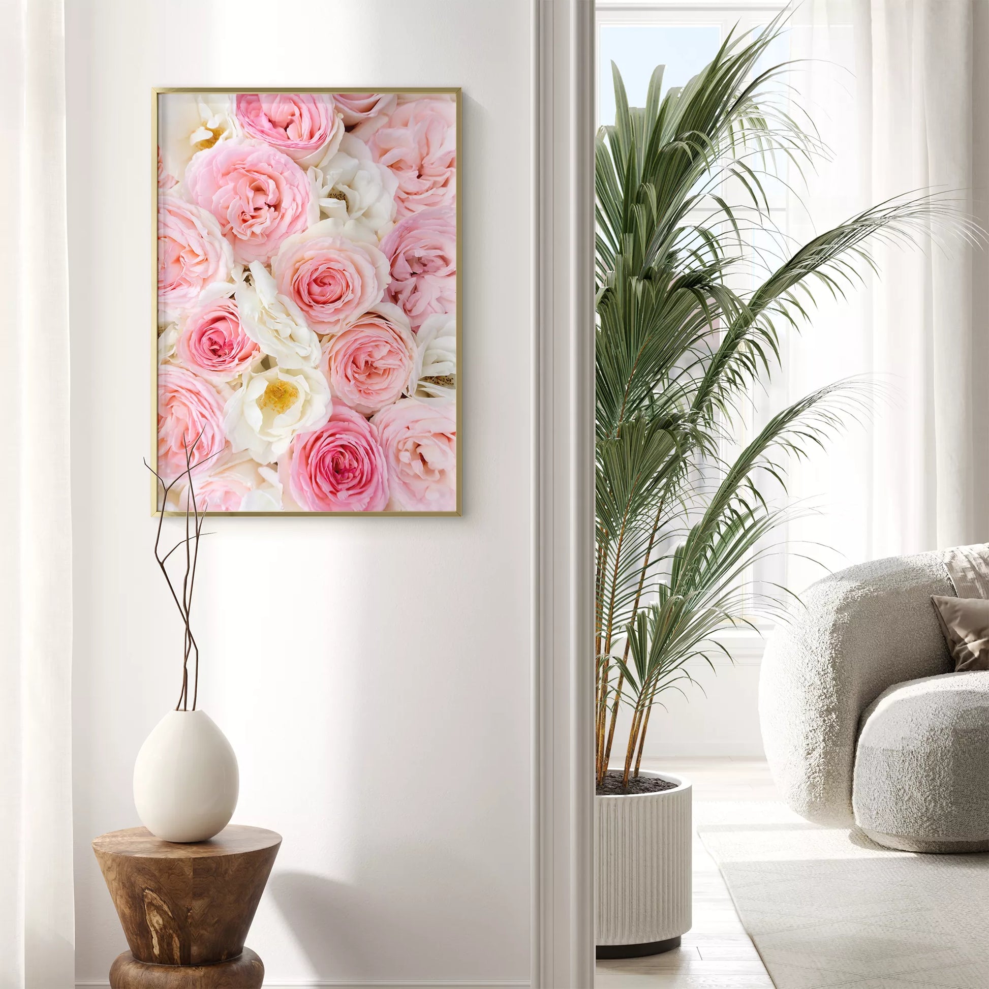 優雅なピンクと白のバラの花束アートポスター、インテリア装飾用
