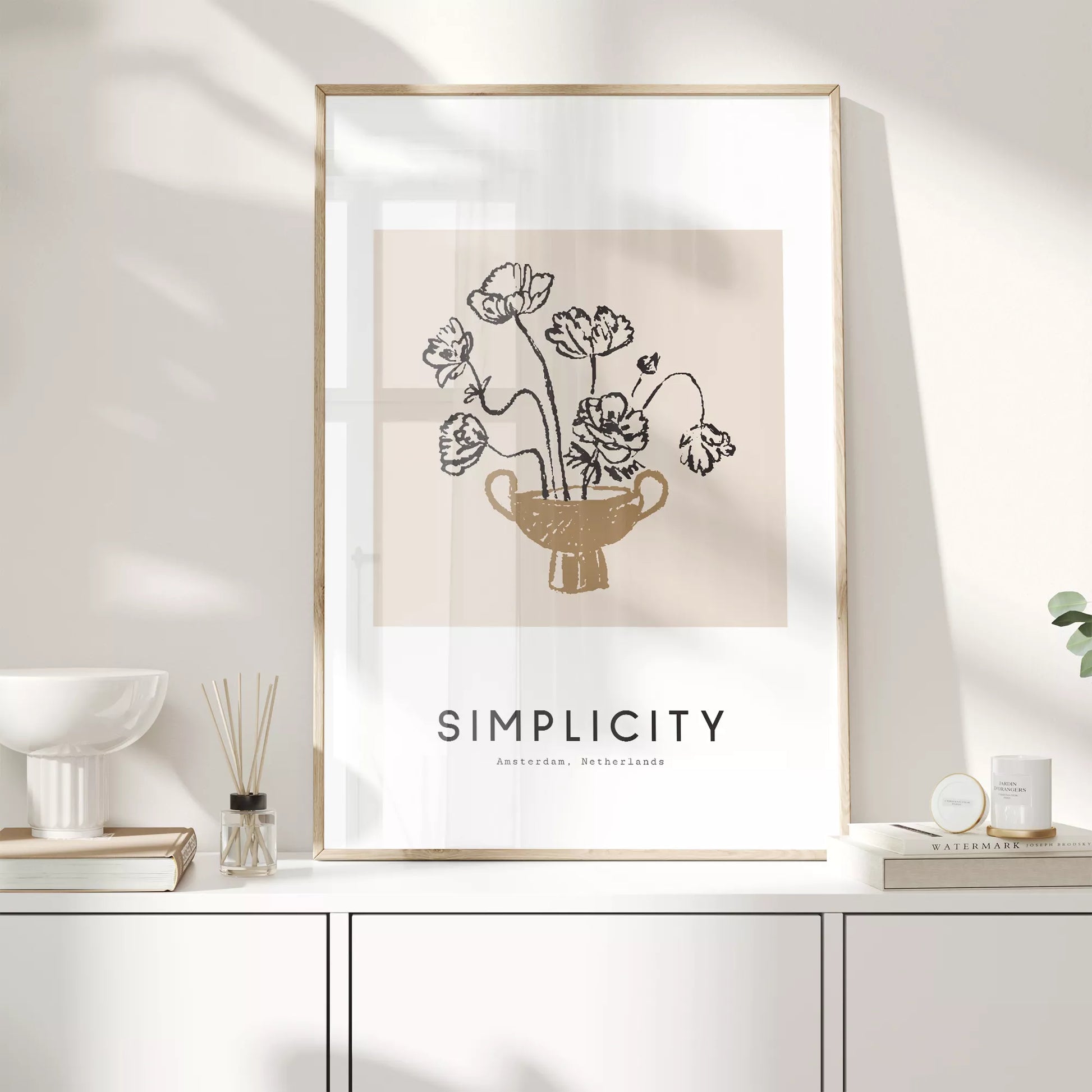 線画ポピー花瓶の北欧ミニマルアートポスター 自然モダン