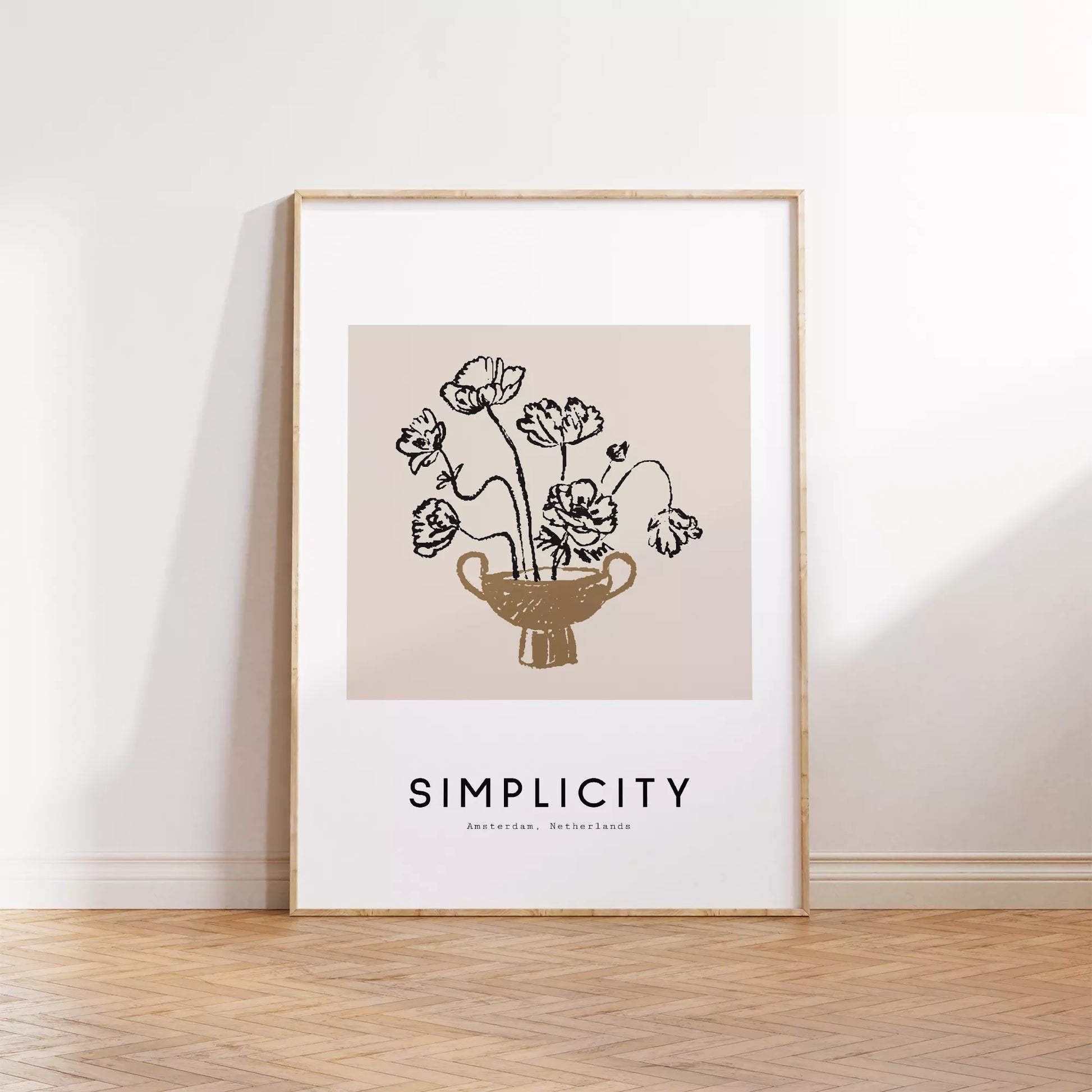 線画ポピー花瓶の北欧ミニマルアートポスター 自然モダン
