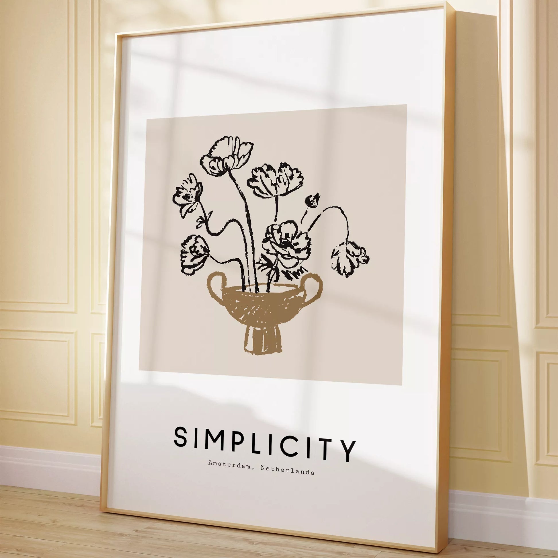 線画ポピー花瓶の北欧ミニマルアートポスター 自然モダン