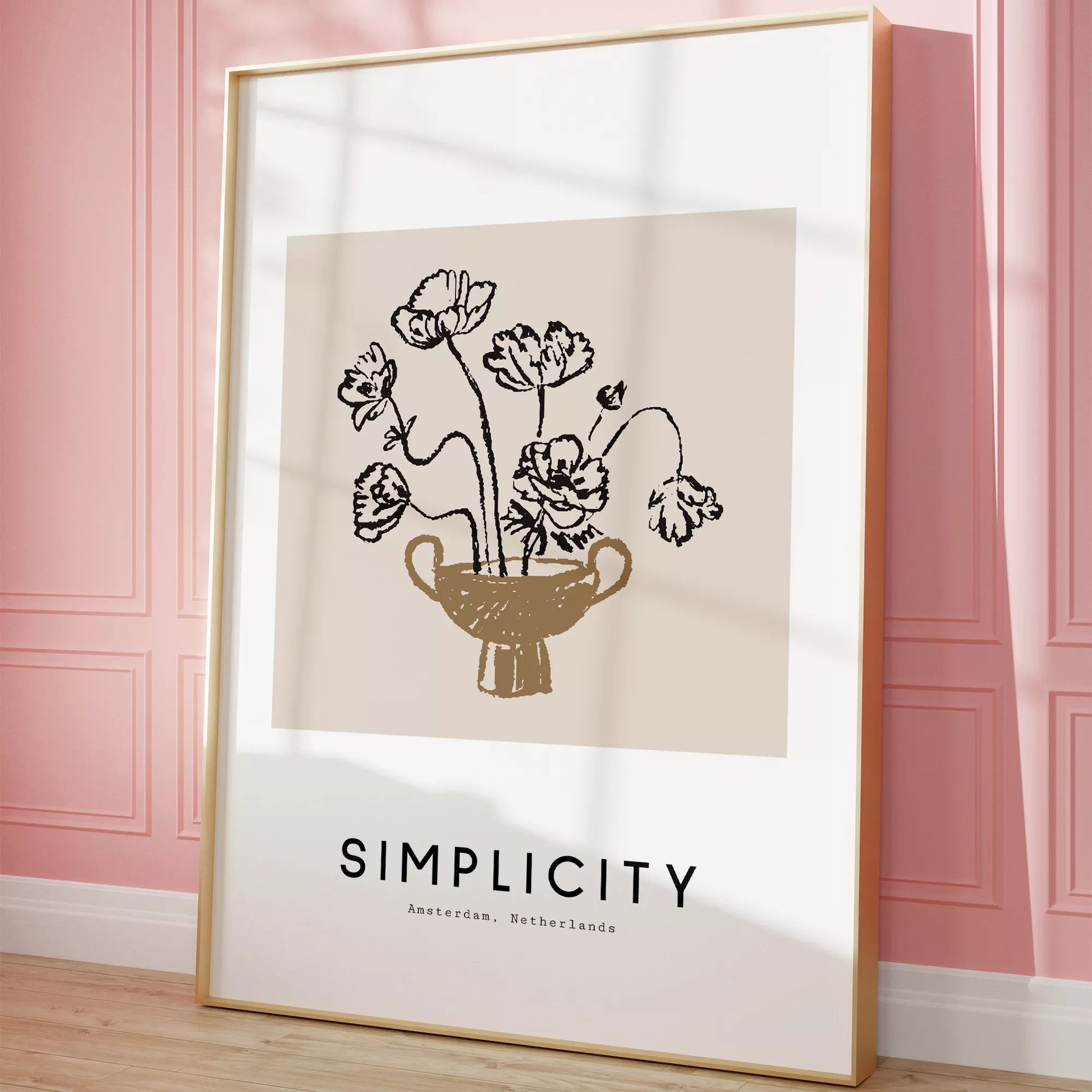 線画ポピー花瓶の北欧ミニマルアートポスター 自然モダン