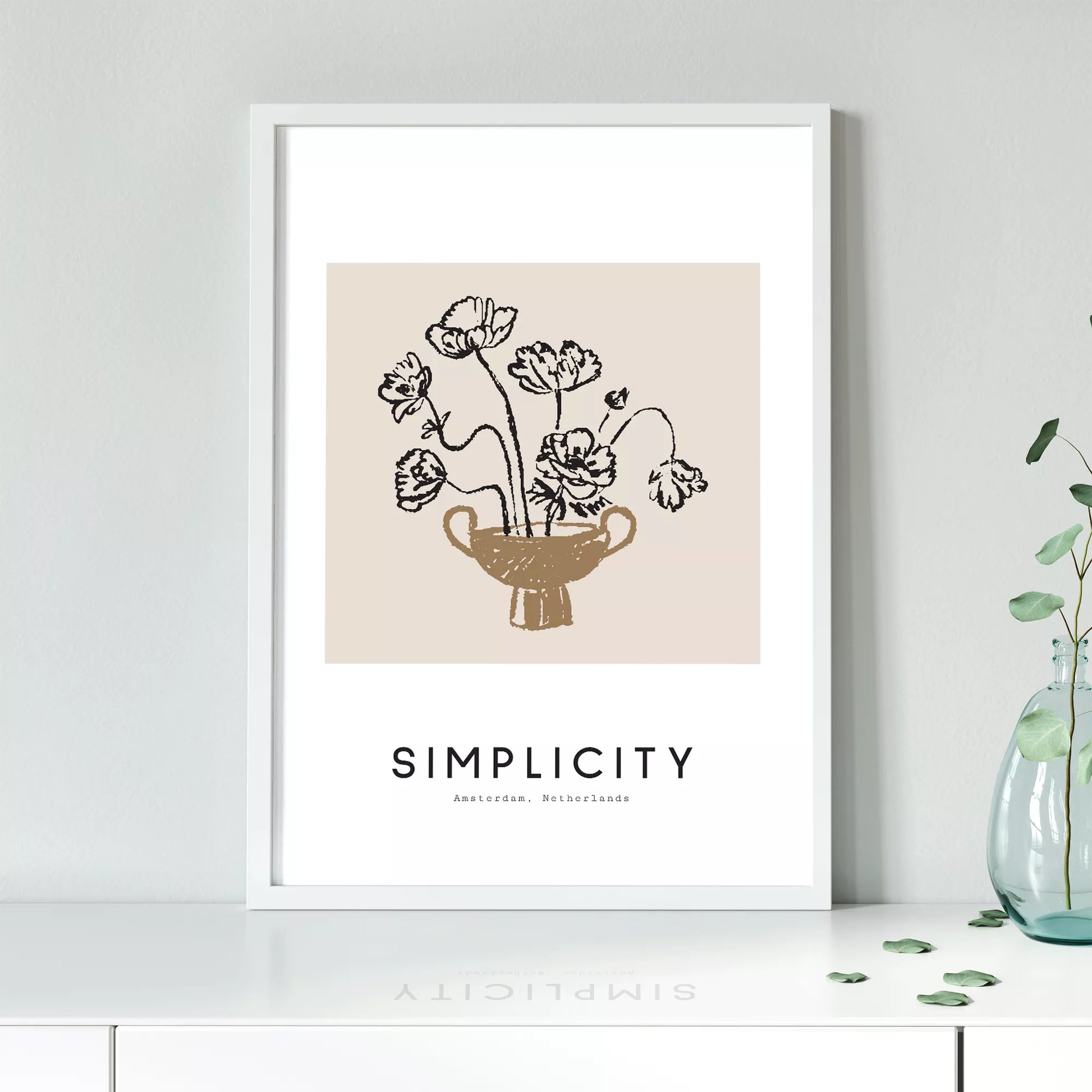 線画ポピー花瓶の北欧ミニマルアートポスター 自然モダン