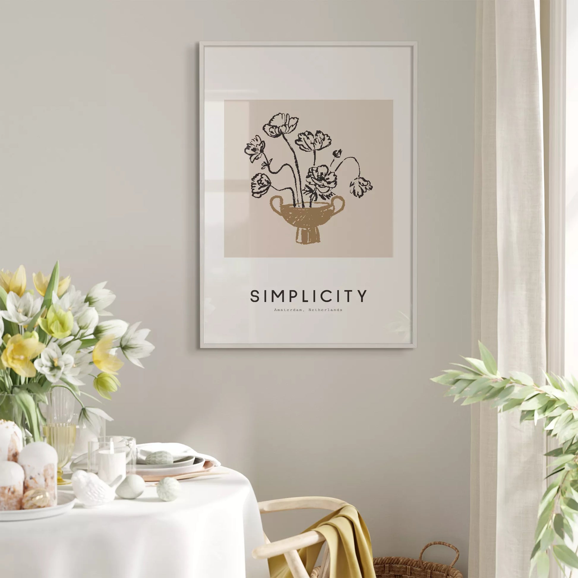 線画ポピー花瓶の北欧ミニマルアートポスター 自然モダン
