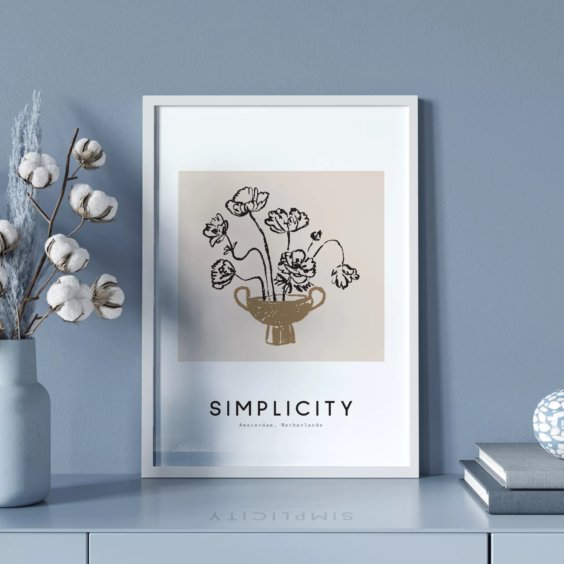 線画ポピー花瓶の北欧ミニマルアートポスター 自然モダン