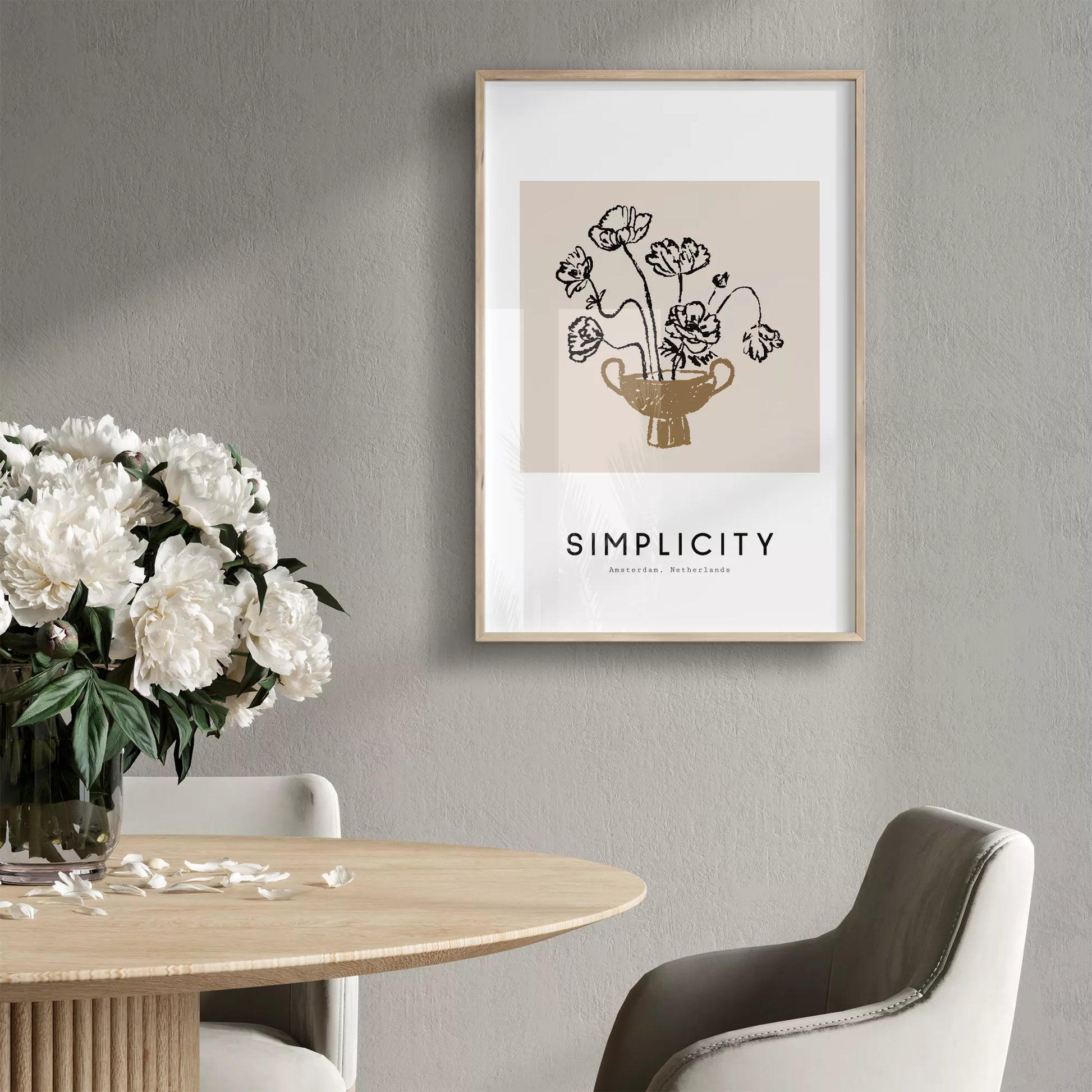 線画ポピー花瓶の北欧ミニマルアートポスター 自然モダン