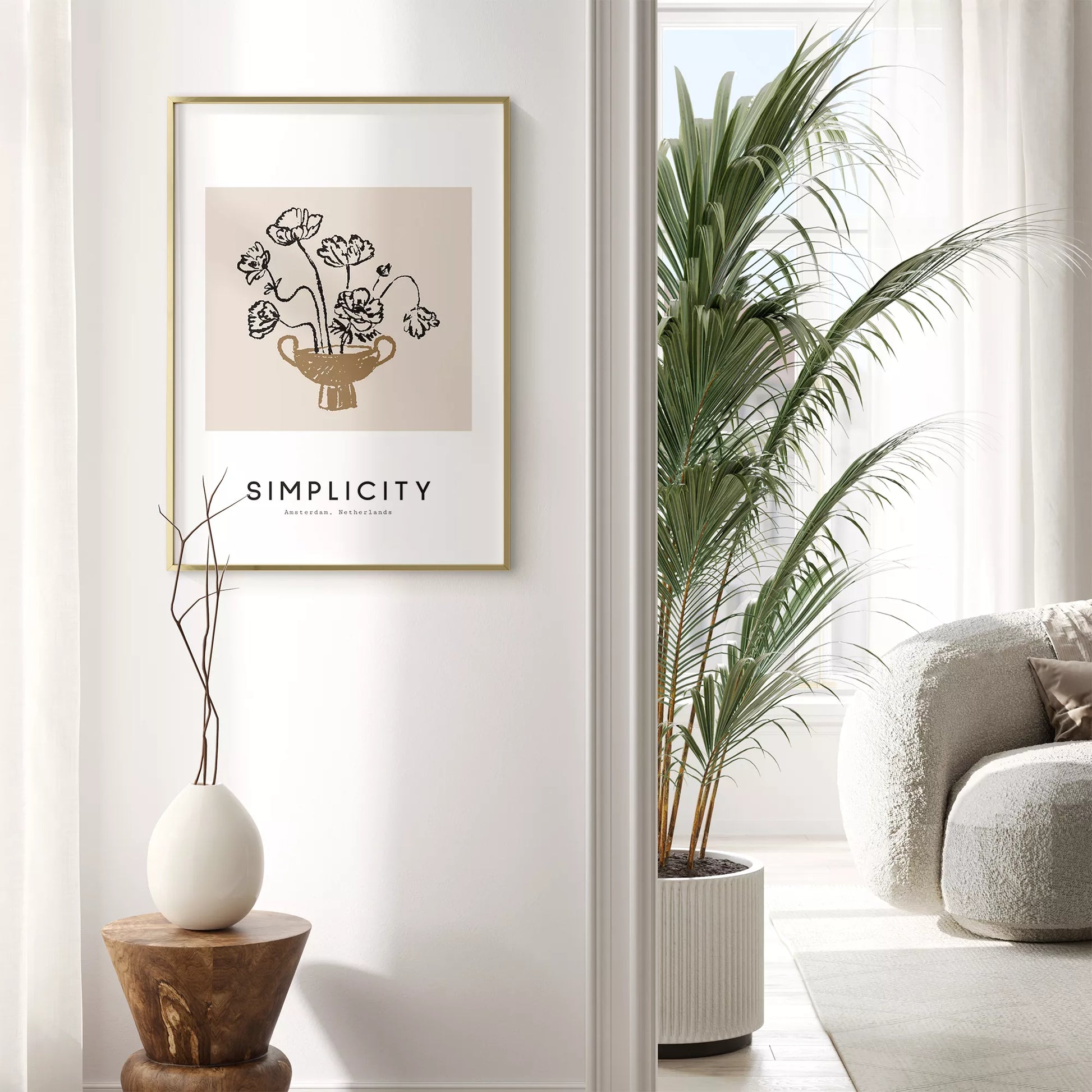 線画ポピー花瓶の北欧ミニマルアートポスター 自然モダン