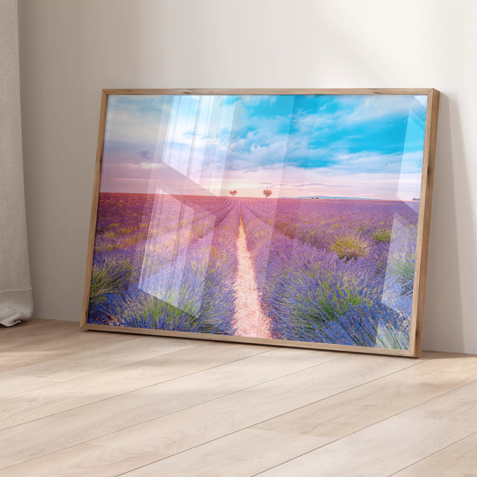 夕暮れのラベンダー畑と淡いピンク色の空、プロヴァンス風景