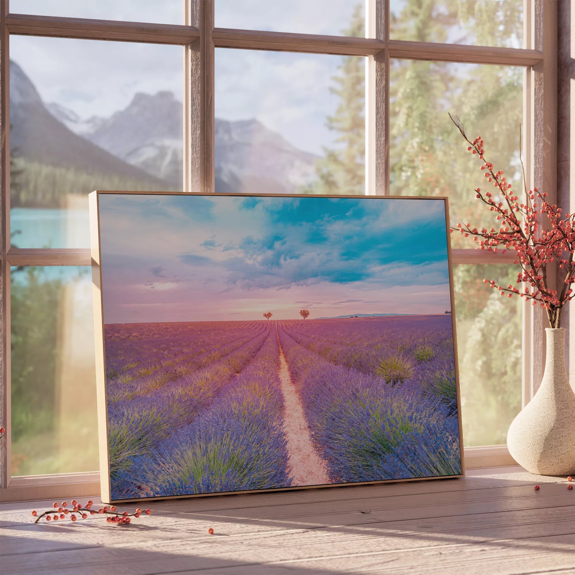 夕暮れのラベンダー畑と淡いピンク色の空、プロヴァンス風景