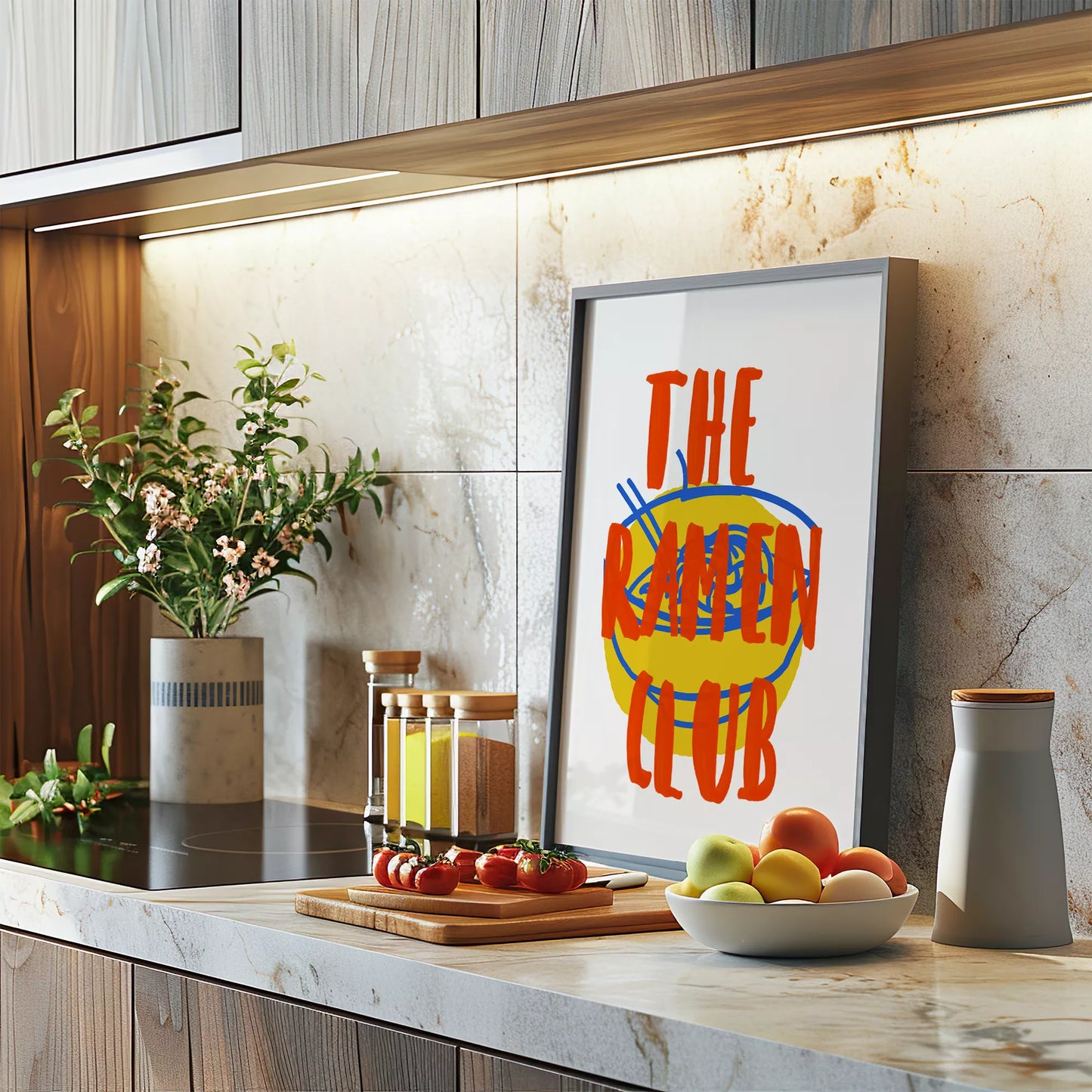 黄色いラーメン丼とオレンジ色の文字で描かれたモダンなポップアート