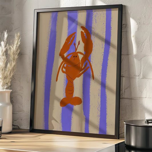 紫のストライプ背景に赤いロブスターのレトロなイラストアート
