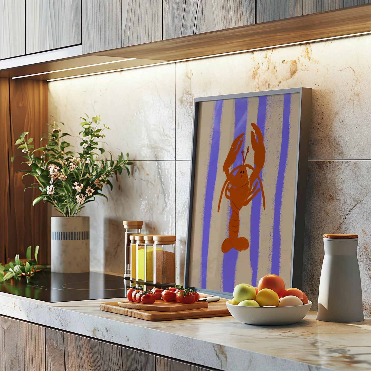 紫のストライプ背景に赤いロブスターのレトロなイラストアート