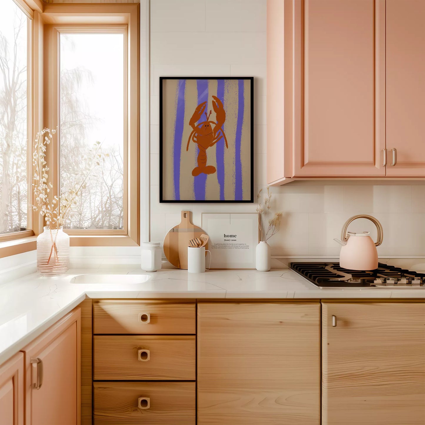 紫のストライプ背景に赤いロブスターのレトロなイラストアート