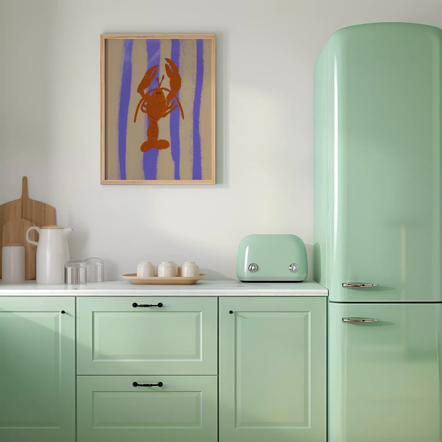 紫のストライプ背景に赤いロブスターのレトロなイラストアート