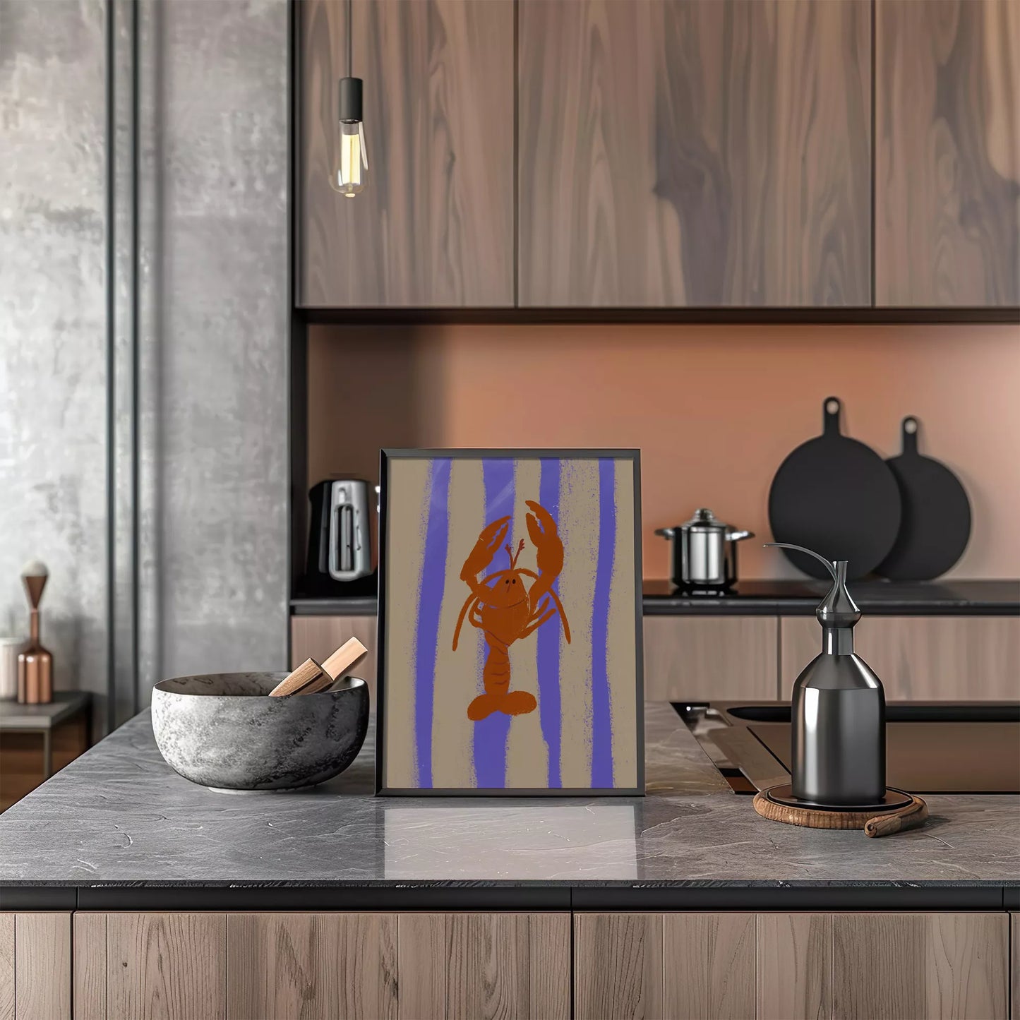 紫のストライプ背景に赤いロブスターのレトロなイラストアート