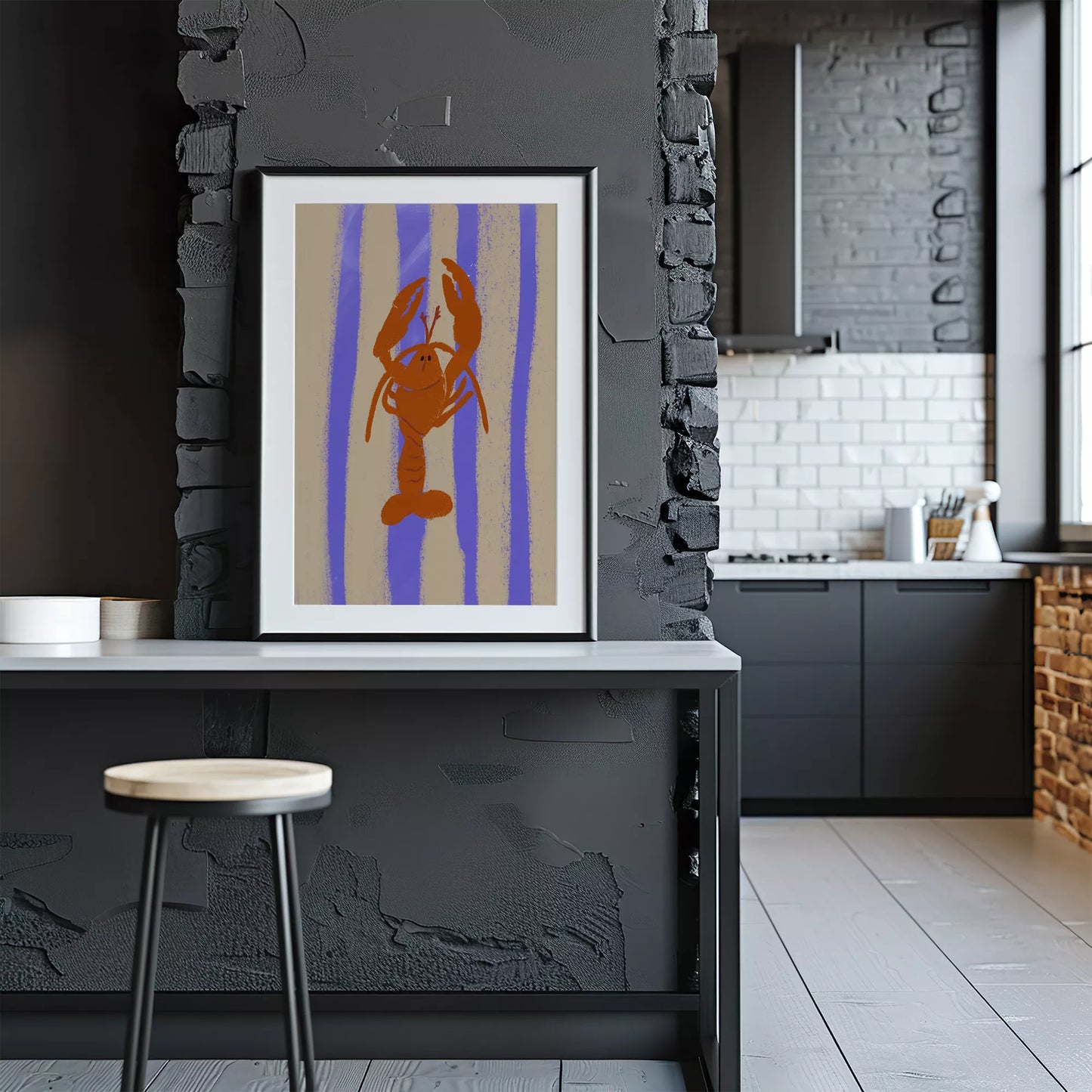 紫のストライプ背景に赤いロブスターのレトロなイラストアート