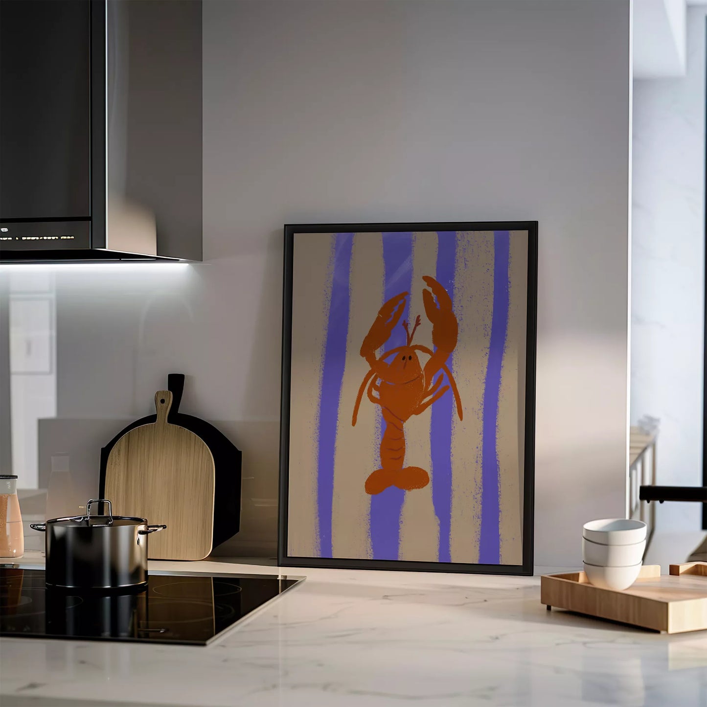 紫のストライプ背景に赤いロブスターのレトロなイラストアート