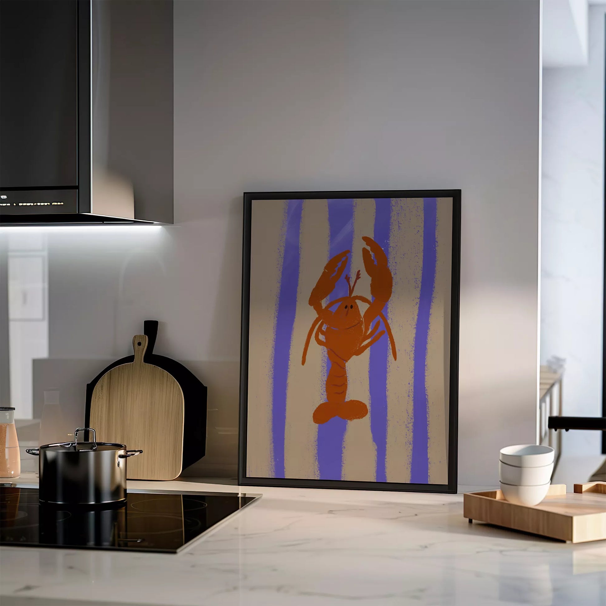 紫のストライプ背景に赤いロブスターのレトロなイラストアート