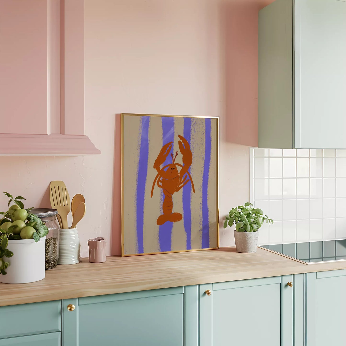 紫のストライプ背景に赤いロブスターのレトロなイラストアート