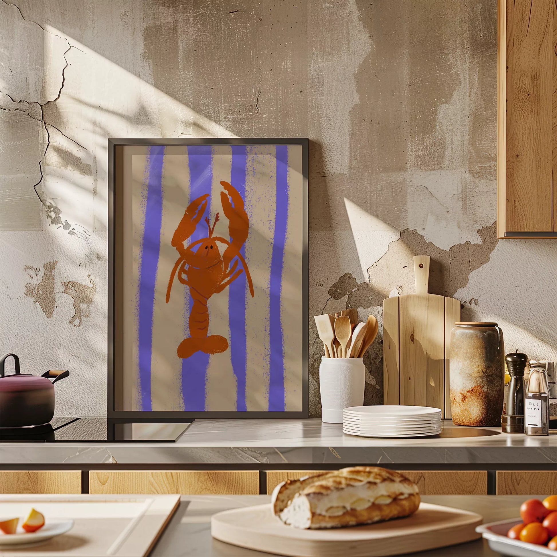 紫のストライプ背景に赤いロブスターのレトロなイラストアート