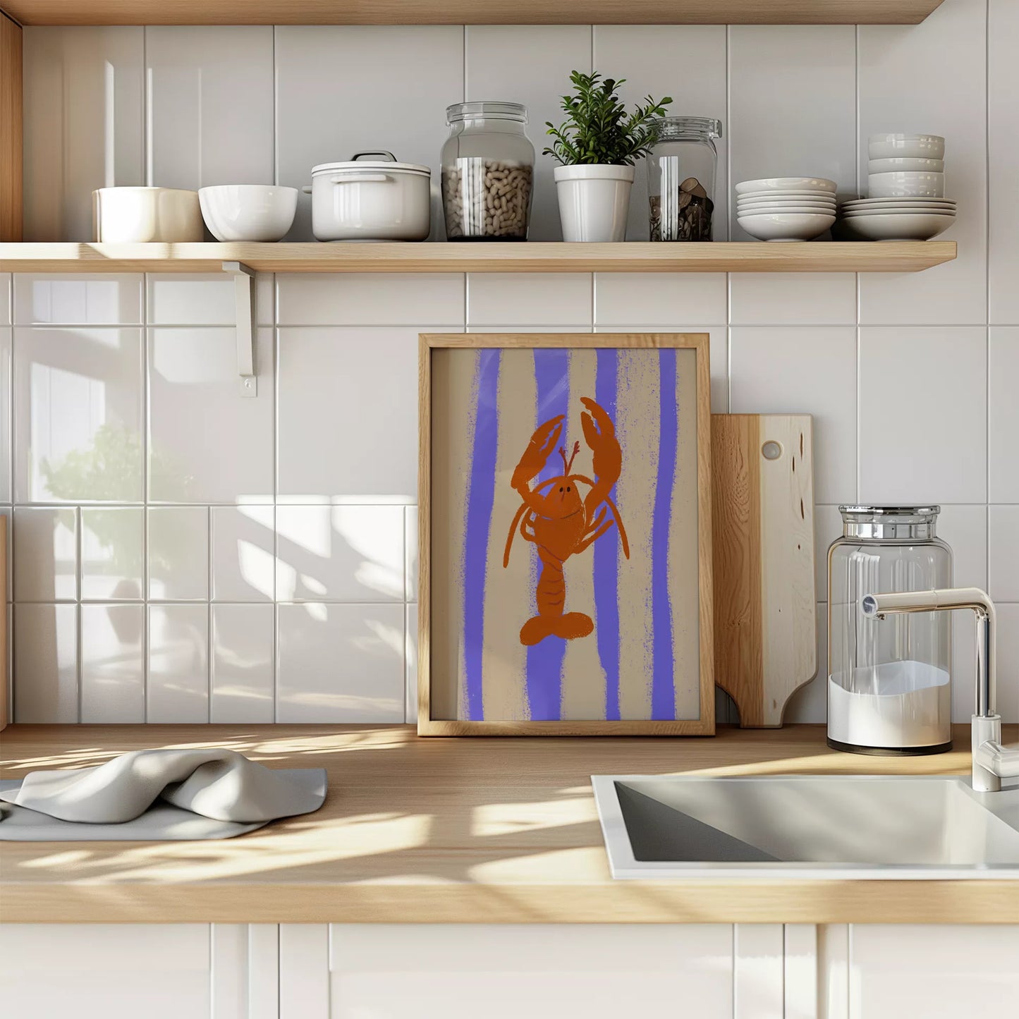 紫のストライプ背景に赤いロブスターのレトロなイラストアート