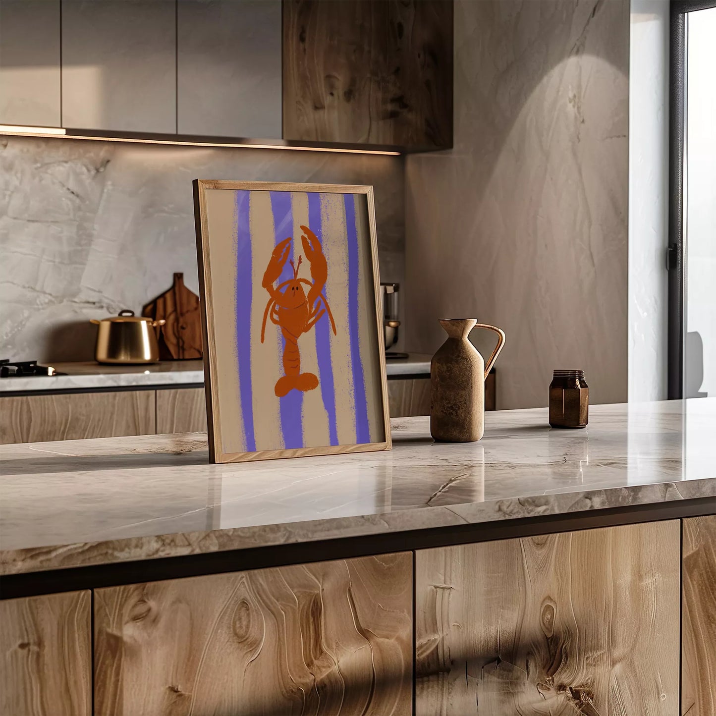 紫のストライプ背景に赤いロブスターのレトロなイラストアート