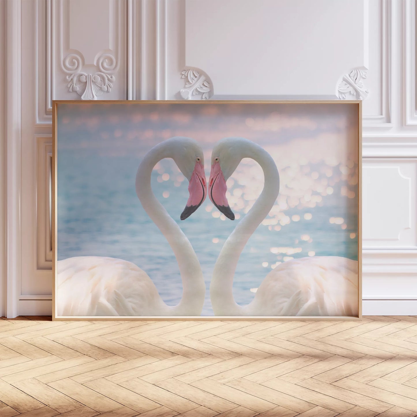 ハート型を描くフラミンゴペアの水辺の風景アート