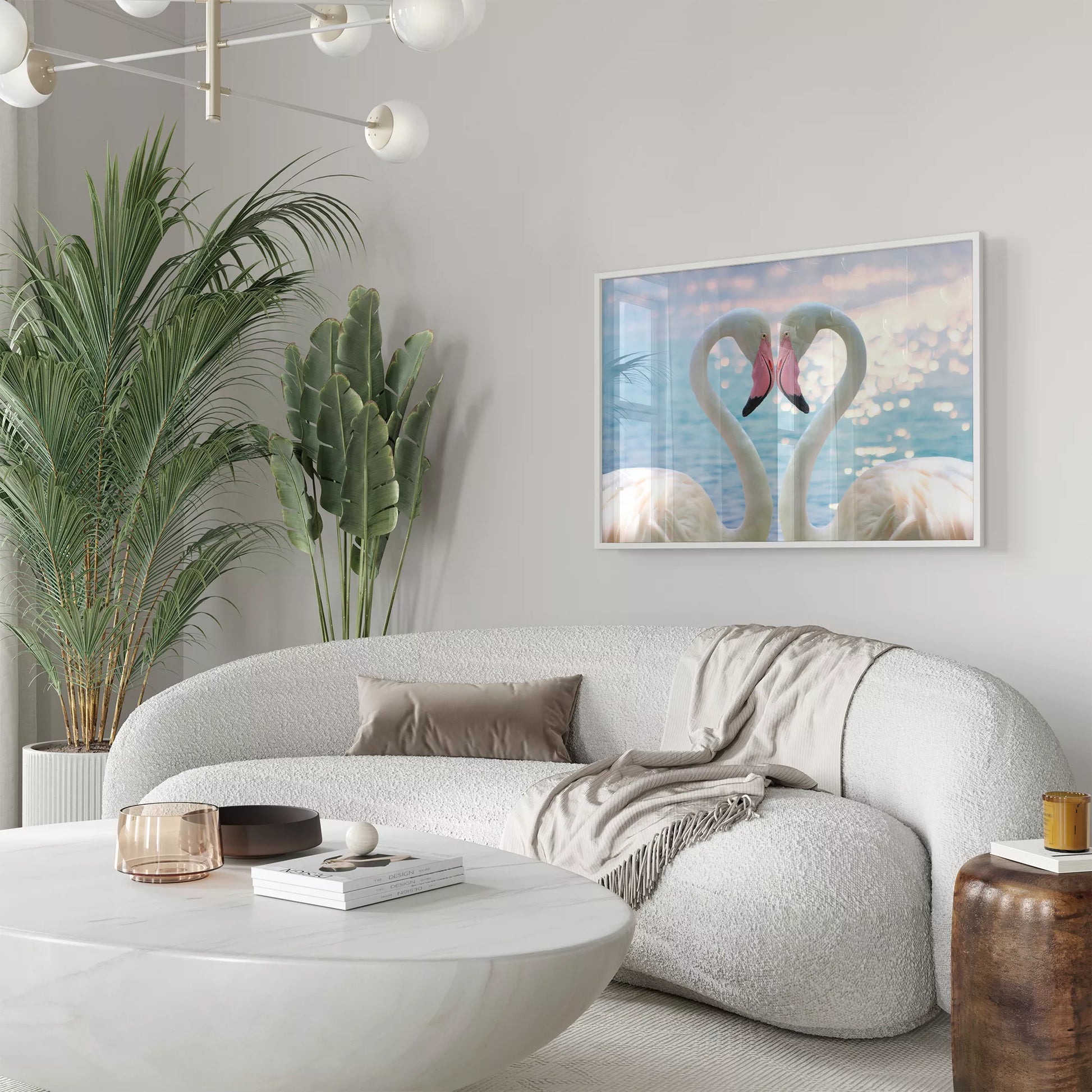 ハート型を描くフラミンゴペアの水辺の風景アート