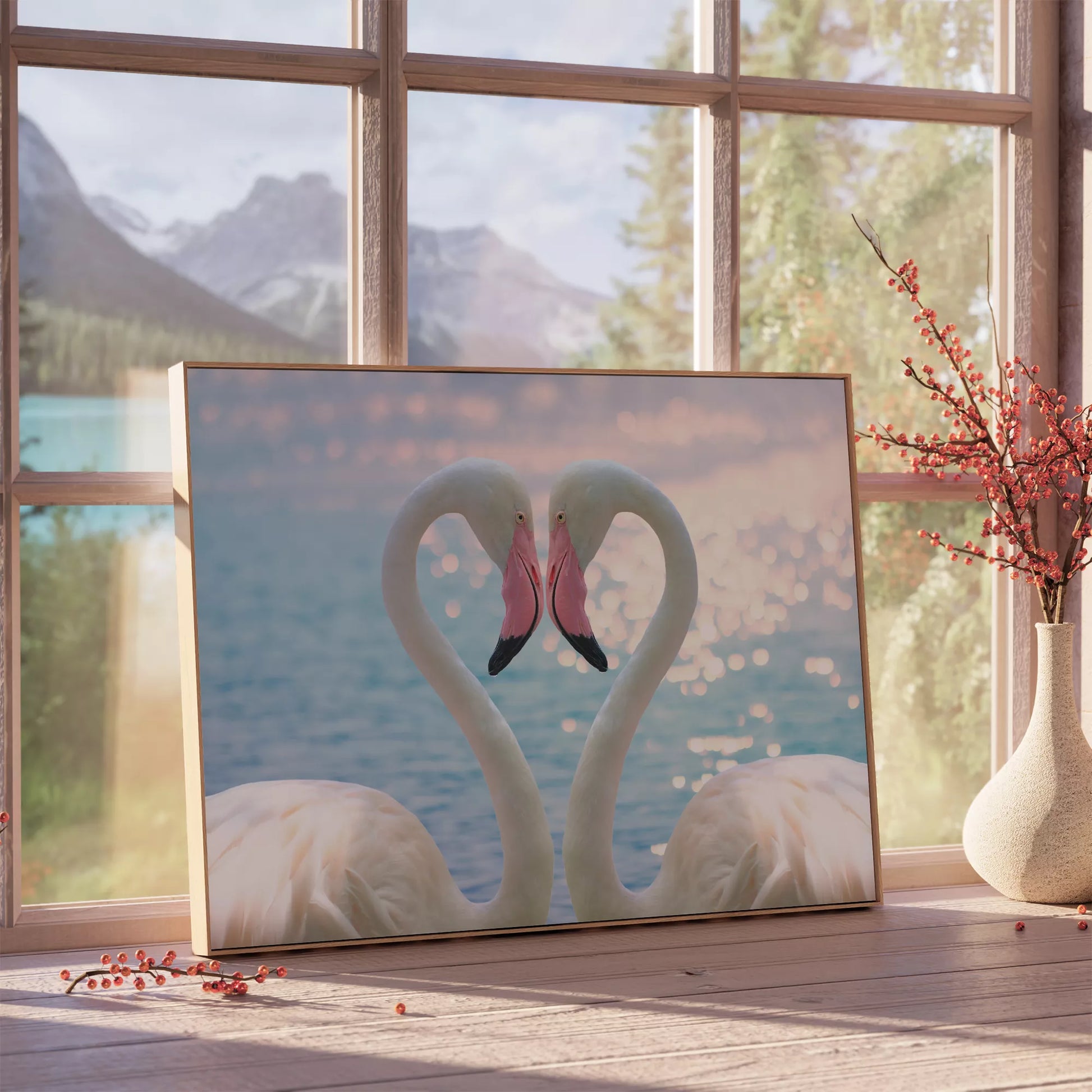 ハート型を描くフラミンゴペアの水辺の風景アート
