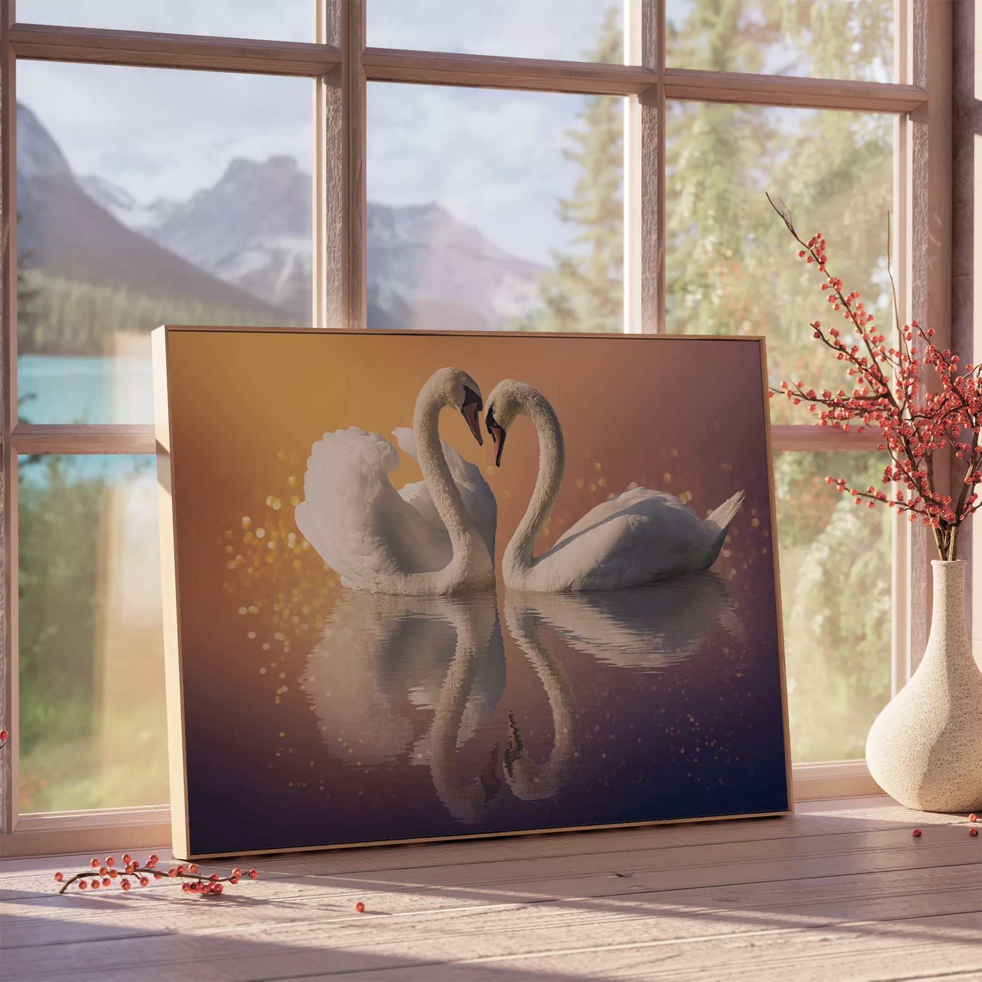 夕暮れの湖面で寄り添う白鳥のカップル、ハートの形を描く優美な姿