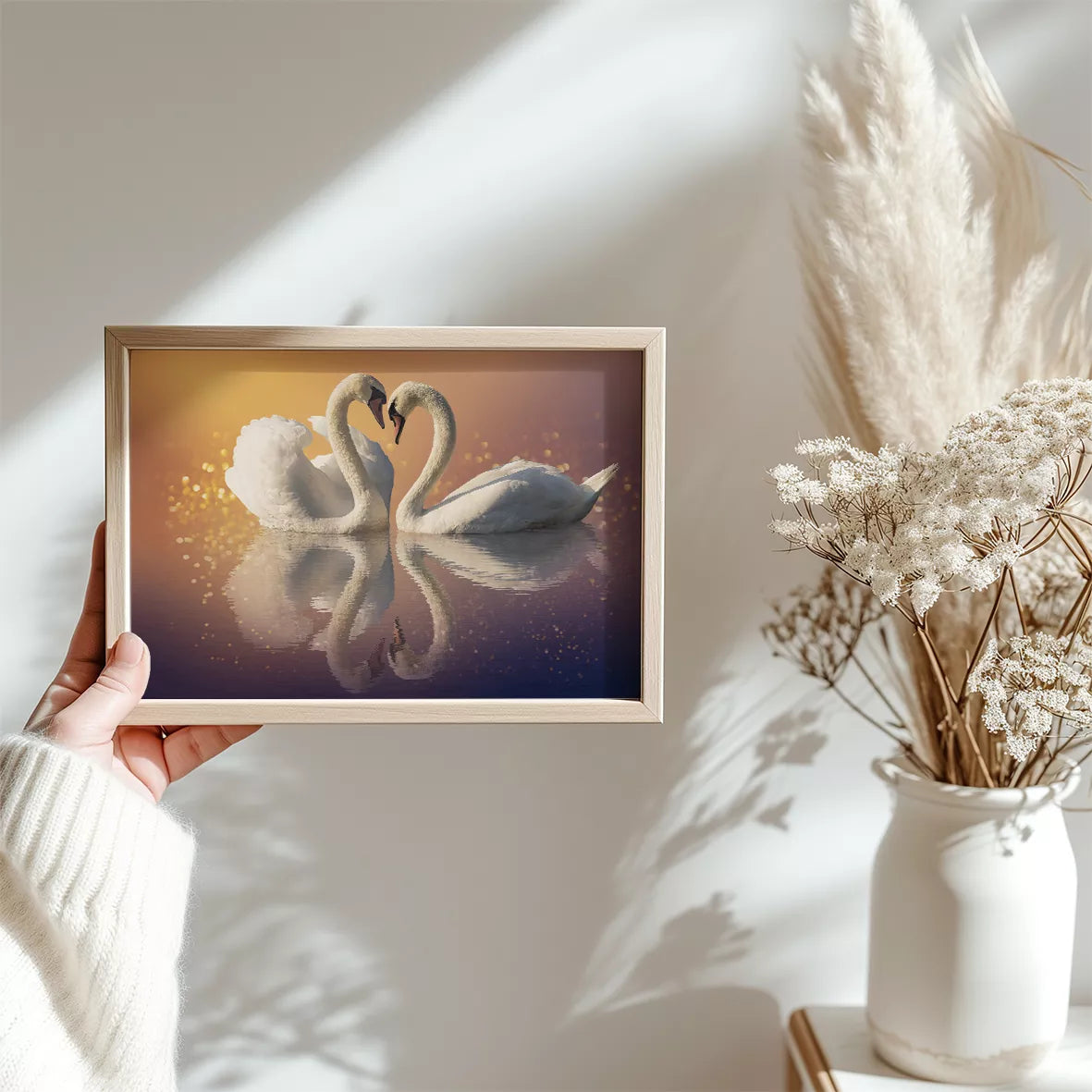 夕暮れの湖面で寄り添う白鳥のカップル、ハートの形を描く優美な姿