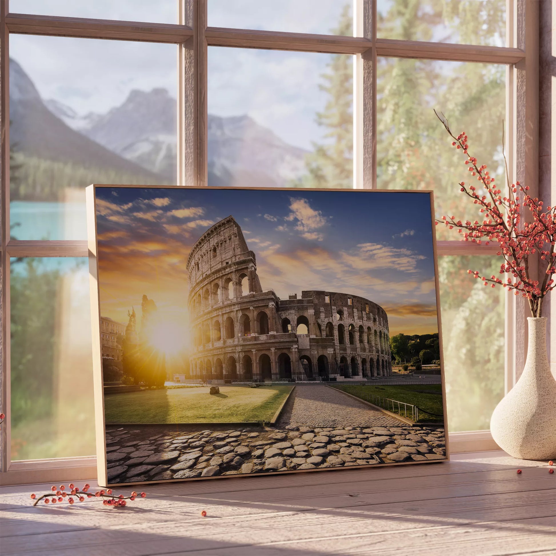 夕陽に輝くローマのコロッセオ、黄金色の光と青空の壮大な風景