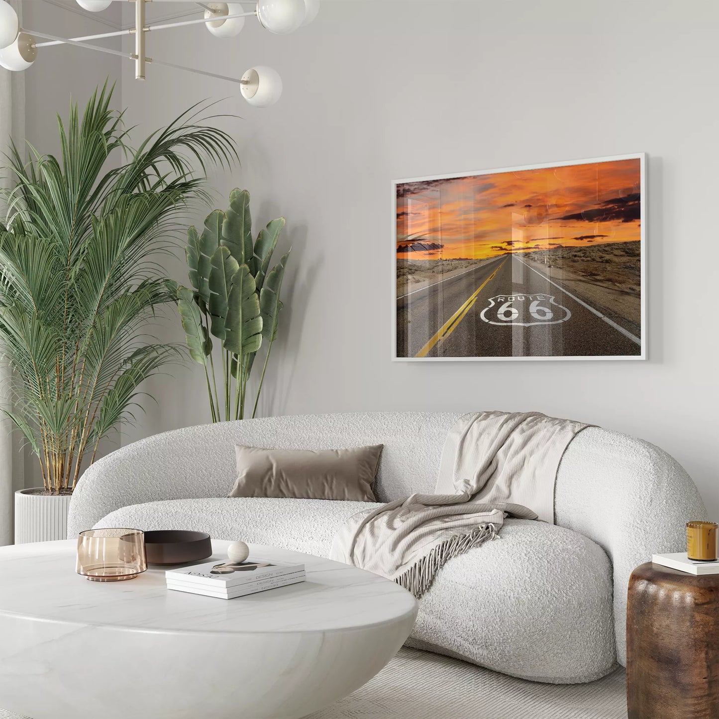 ルート66の象徴的な道路と燃えるような夕焼けの風景アート