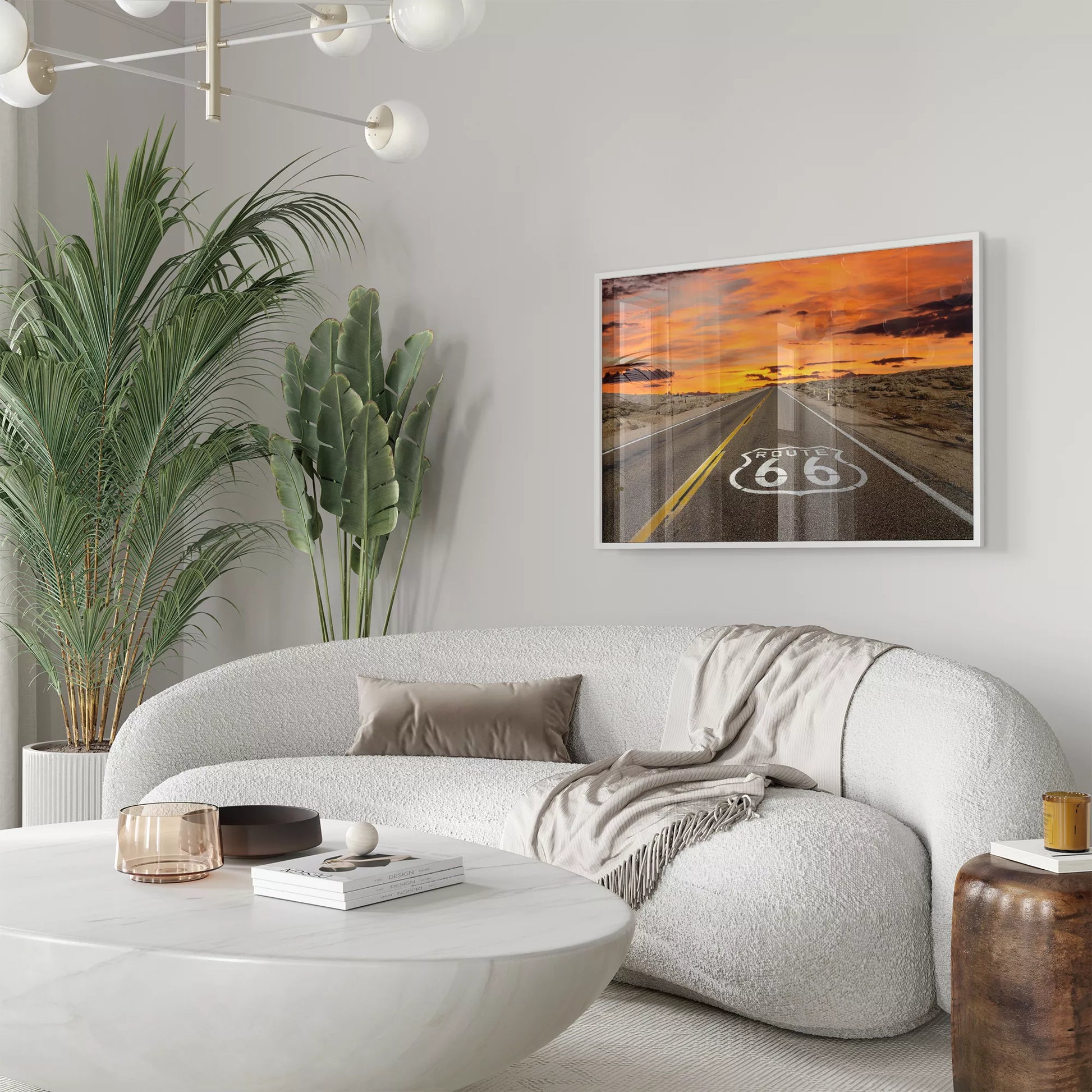 ルート66の象徴的な道路と燃えるような夕焼けの風景アート