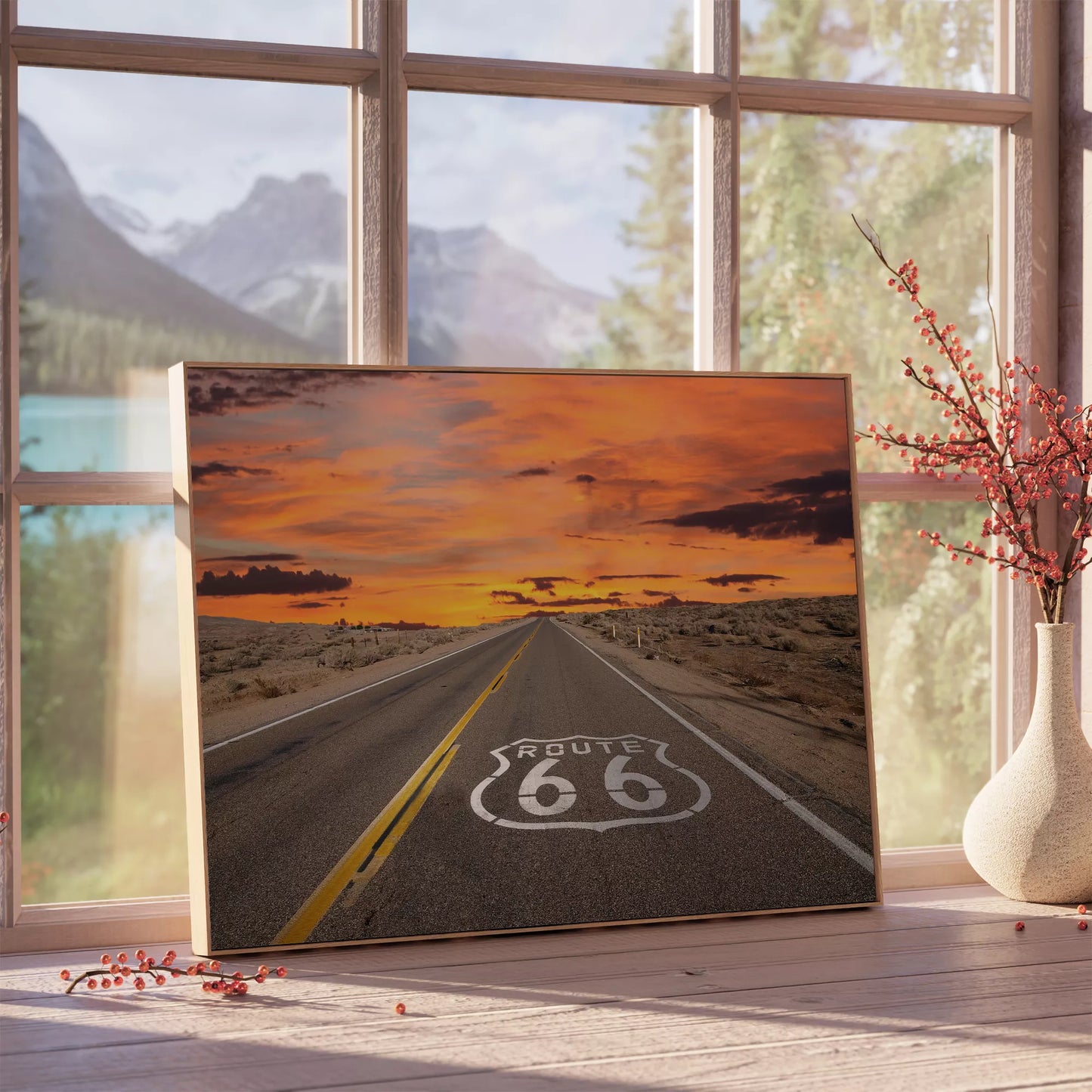 ルート66の象徴的な道路と燃えるような夕焼けの風景アート