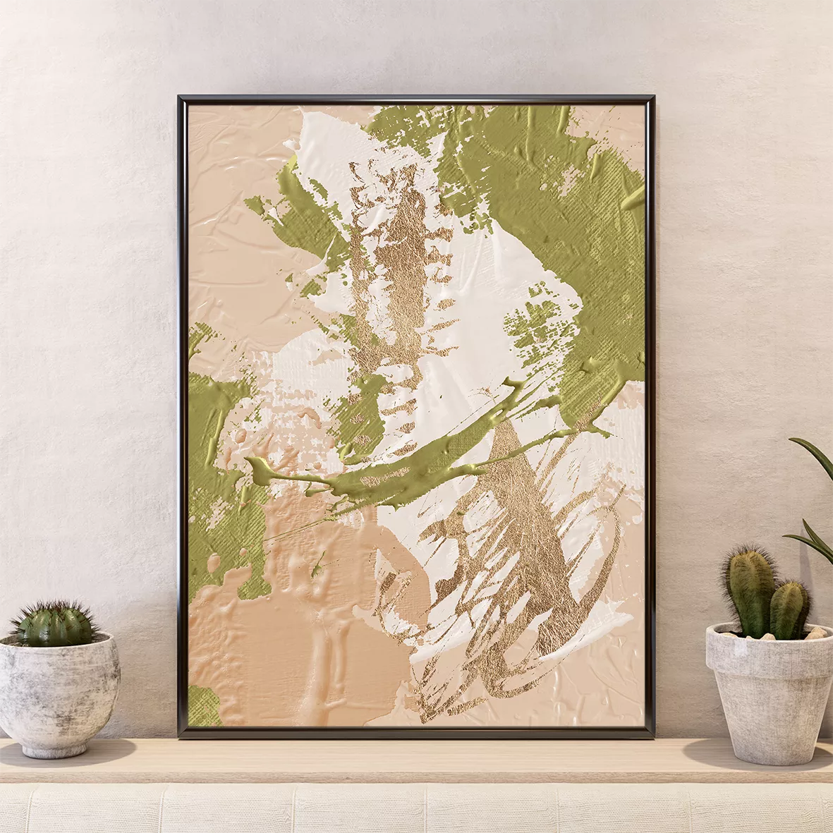 セージグリーンとベージュの抽象的な3連アート、金箔のアクセント付き