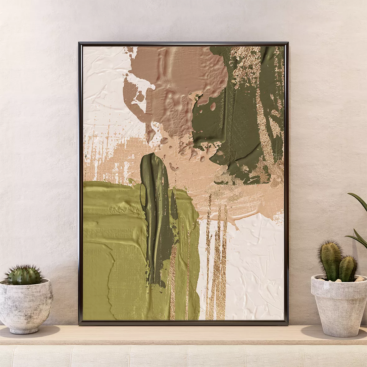 セージグリーンとベージュの抽象的な3連アート、金箔のアクセント付き