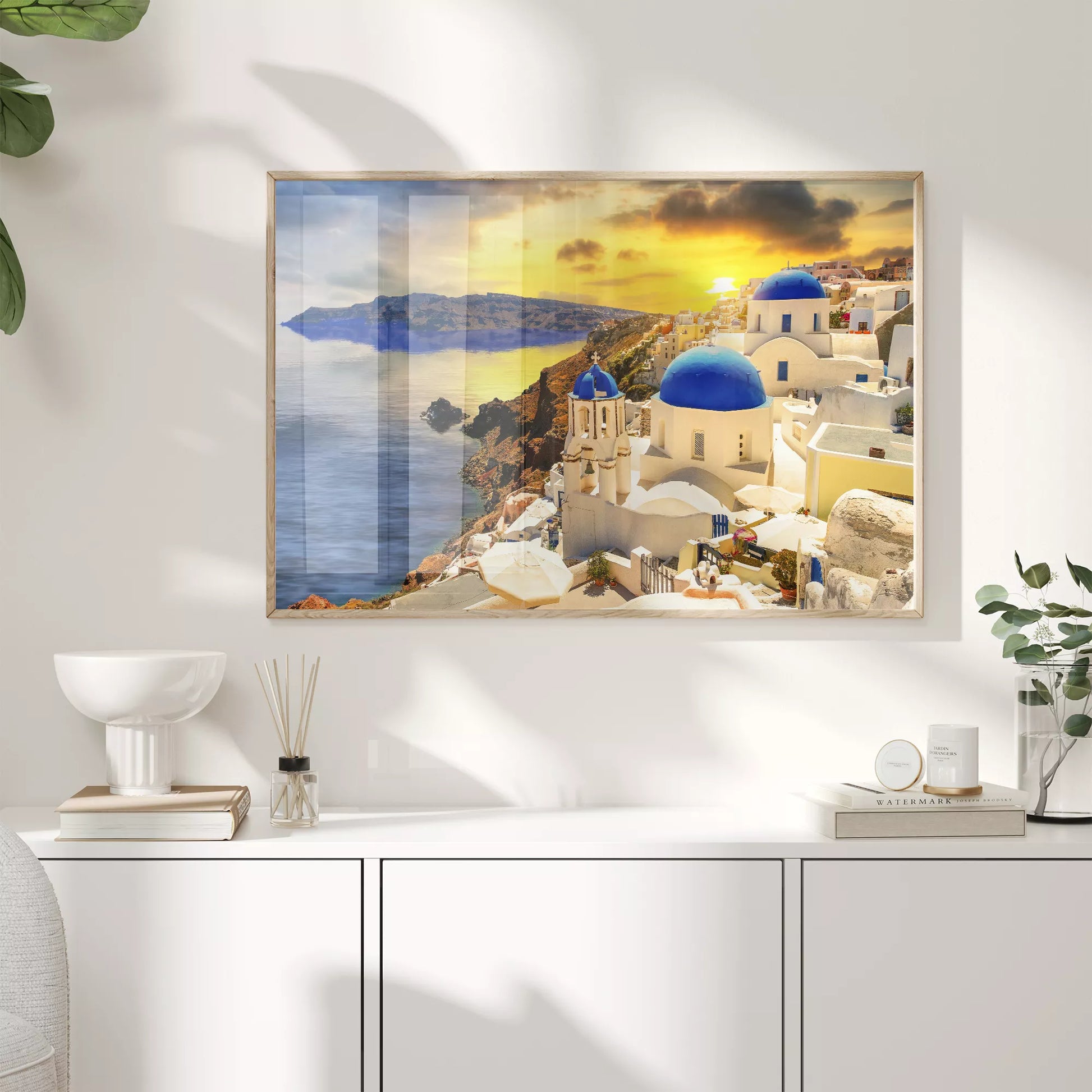 サントリーニの夕景と青い屋根のアートポスター 地中海 風景 北欧デザイン