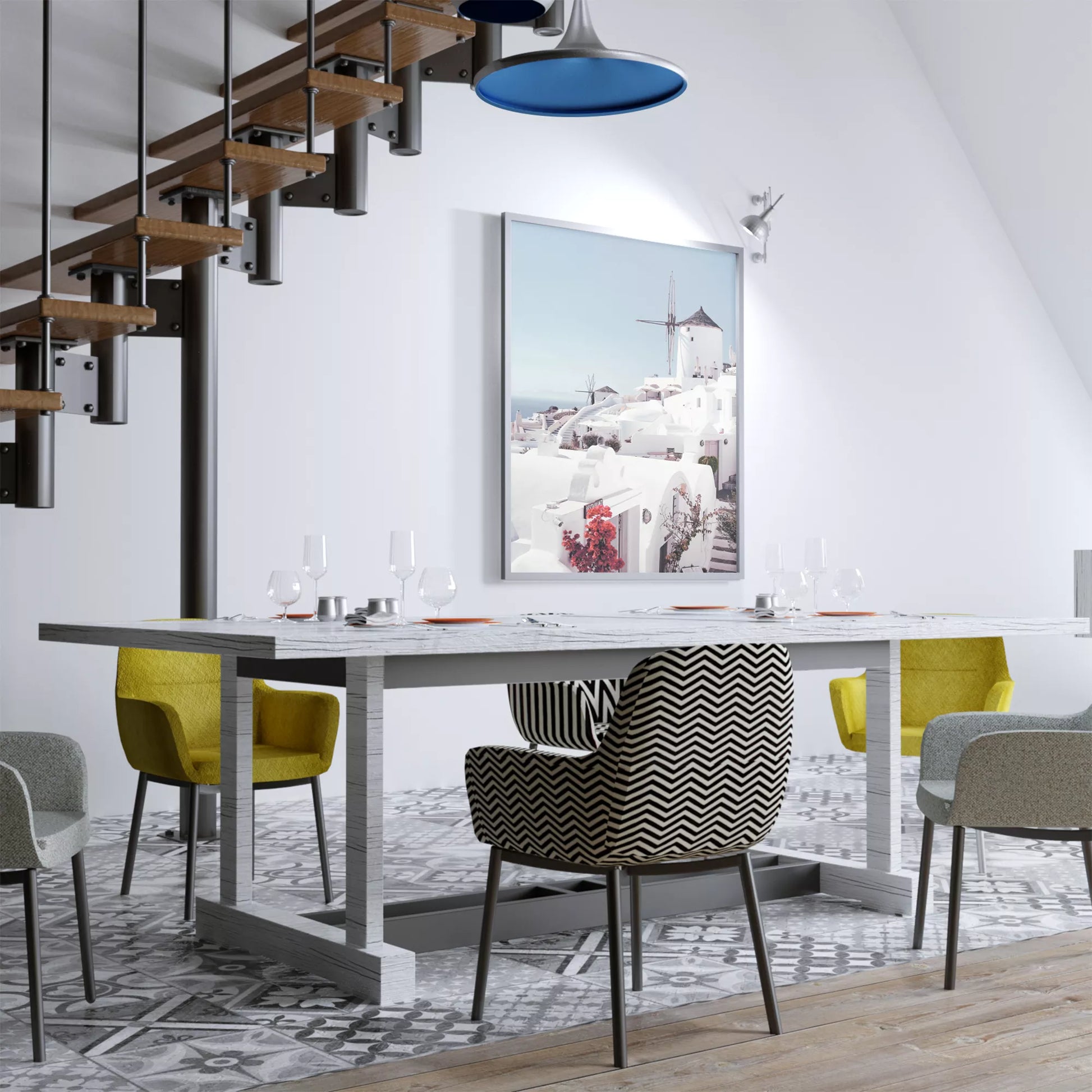 サントリーニ島の白壁の建物と風車、赤いブーゲンビリアが咲く地中海風景