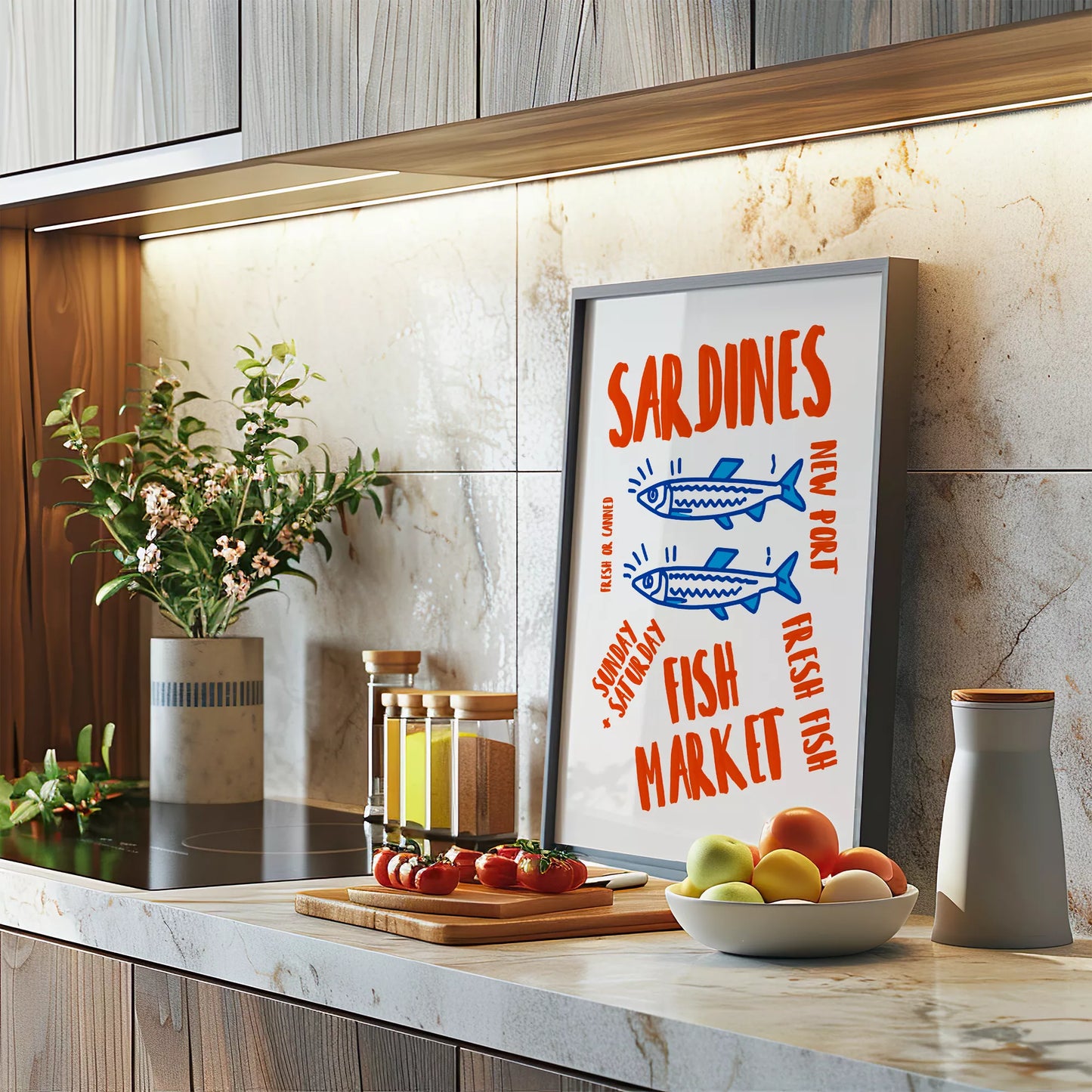 レトロな雰囲気の青いイワシと赤文字のフィッシュマーケットイラスト