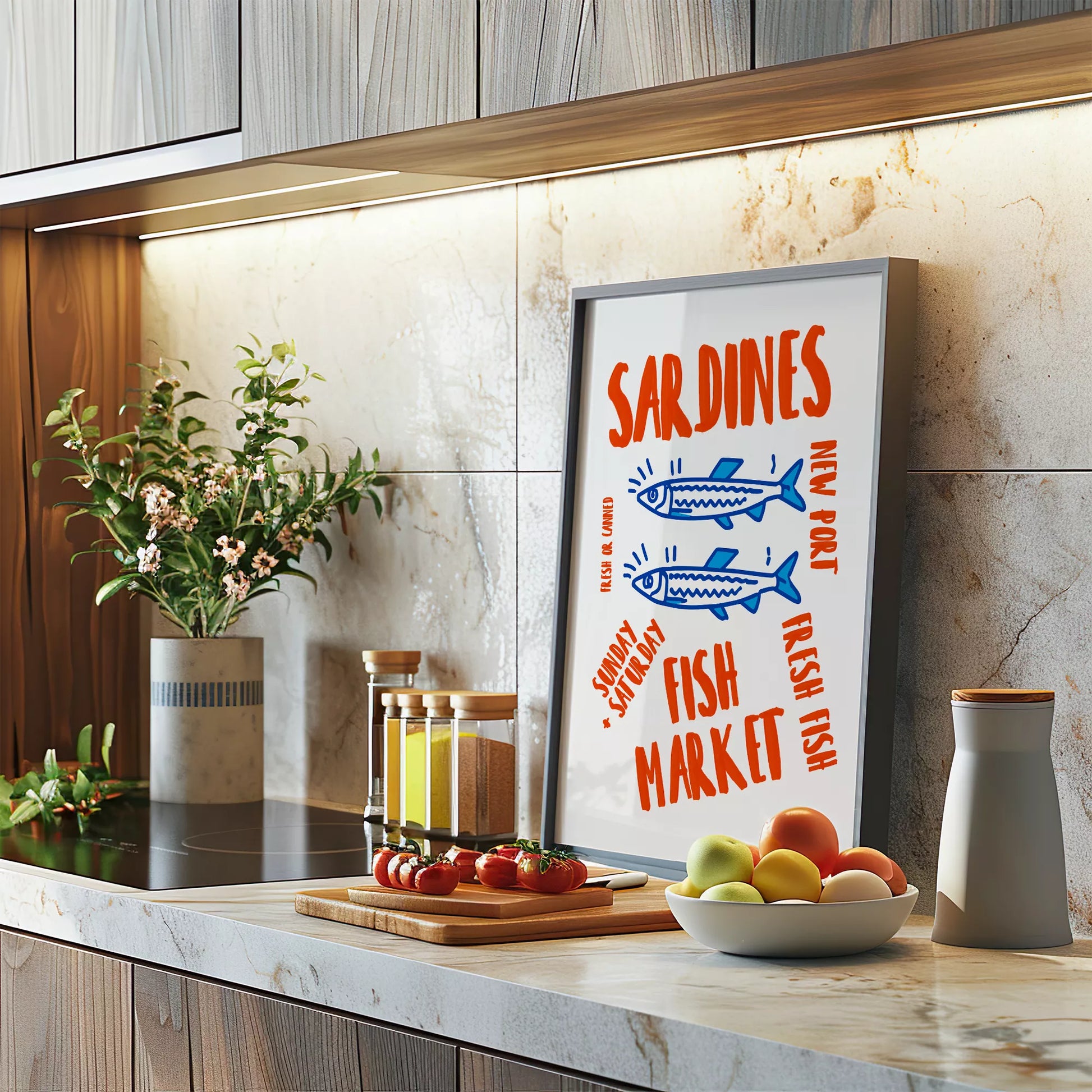 レトロな雰囲気の青いイワシと赤文字のフィッシュマーケットイラスト