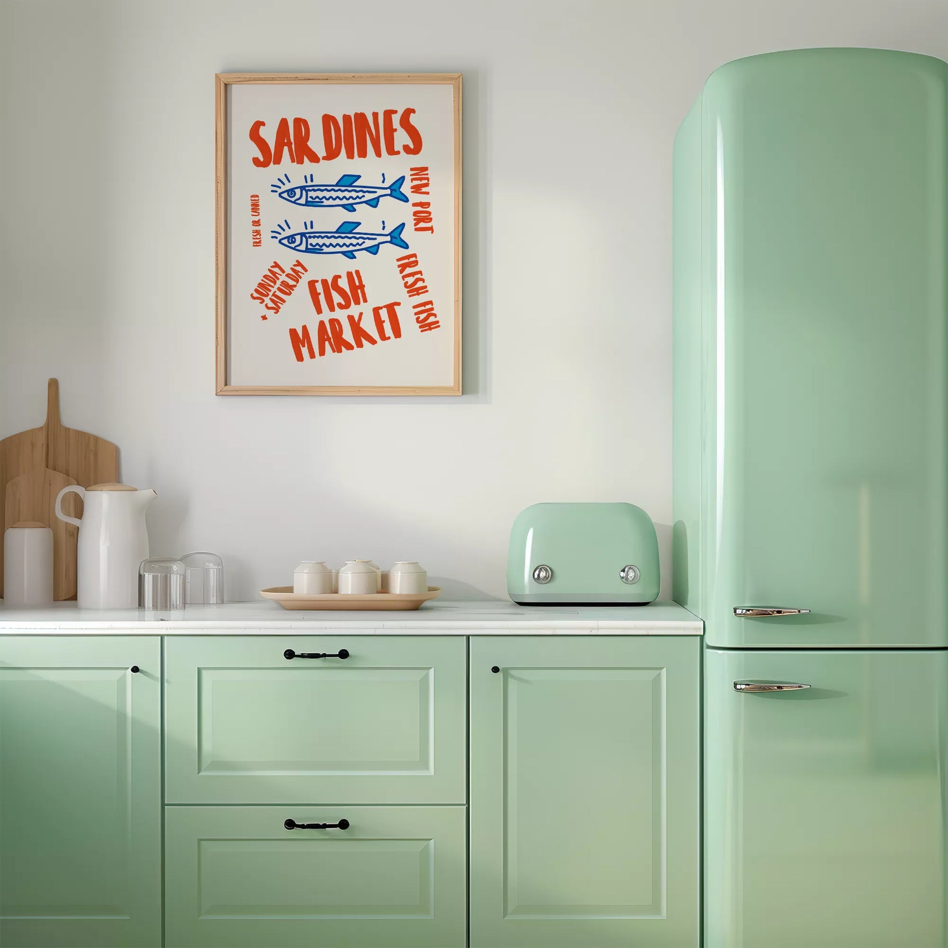 レトロな雰囲気の青いイワシと赤文字のフィッシュマーケットイラスト