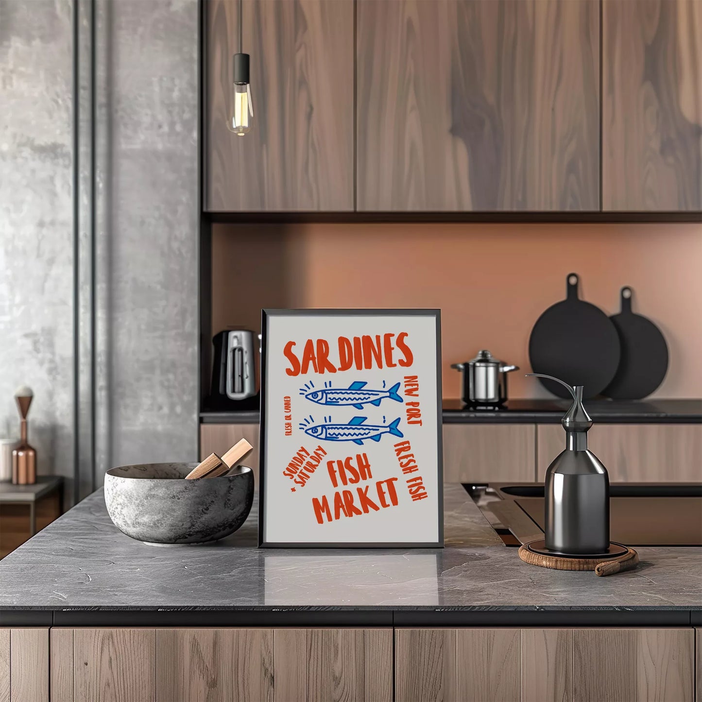 レトロな雰囲気の青いイワシと赤文字のフィッシュマーケットイラスト