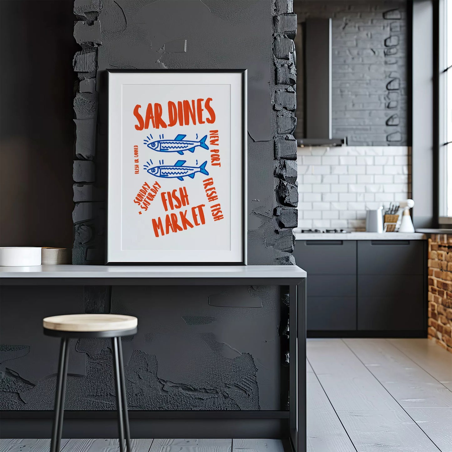 レトロな雰囲気の青いイワシと赤文字のフィッシュマーケットイラスト