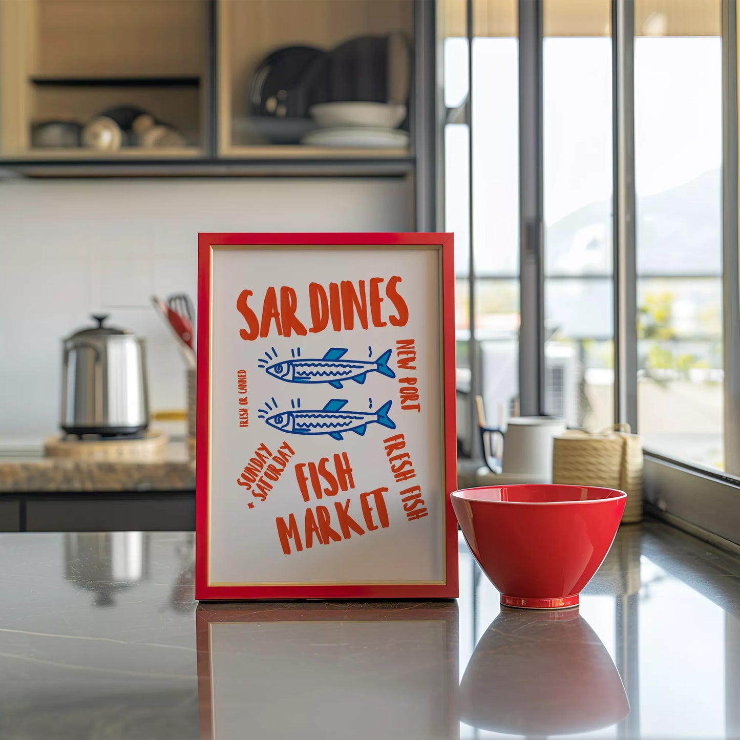 レトロな雰囲気の青いイワシと赤文字のフィッシュマーケットイラスト