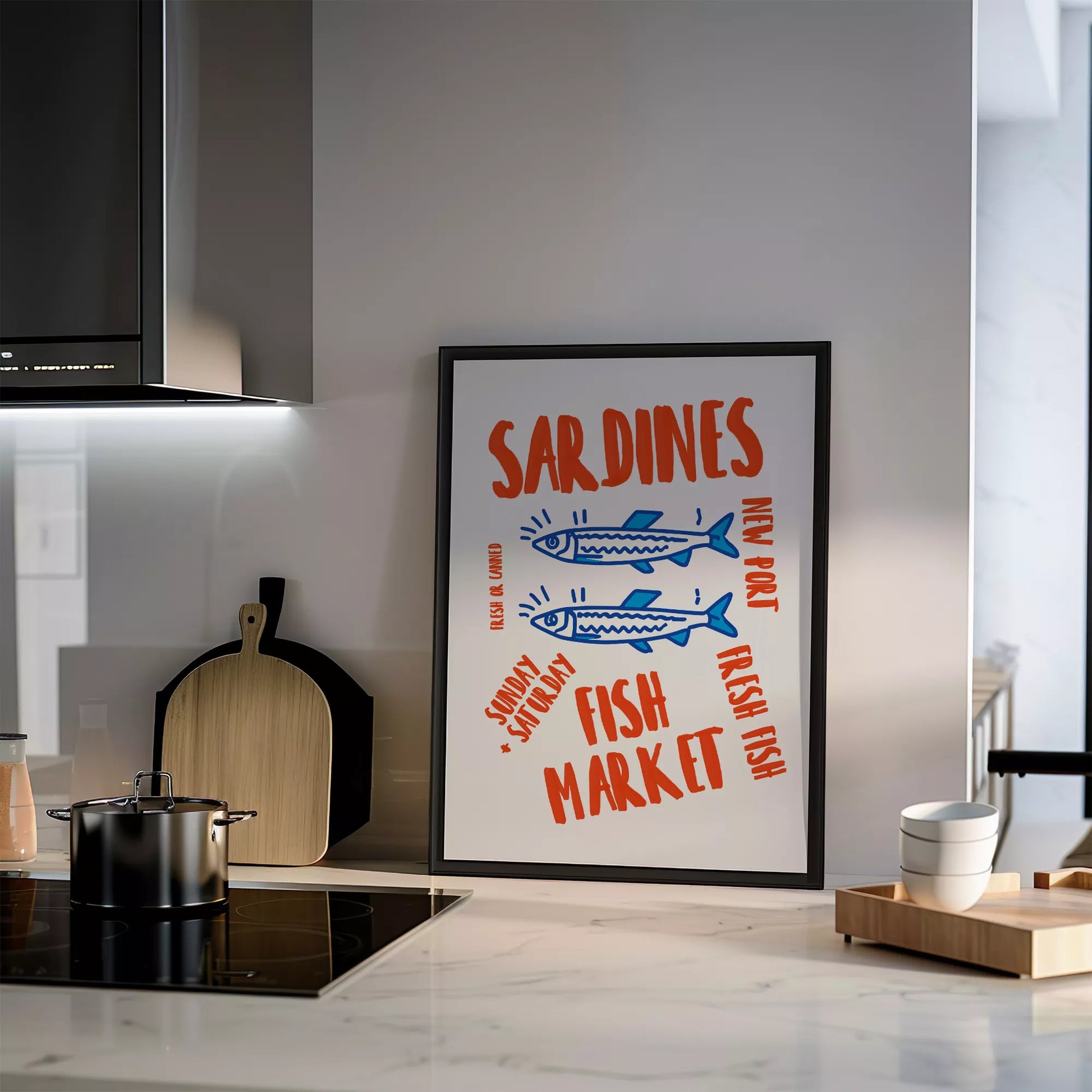 レトロな雰囲気の青いイワシと赤文字のフィッシュマーケットイラスト