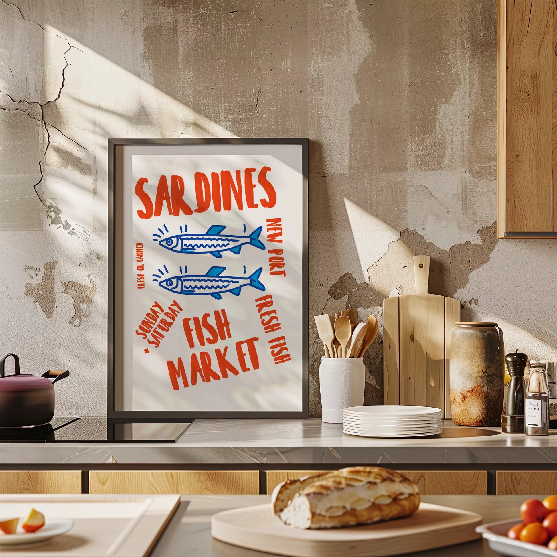 レトロな雰囲気の青いイワシと赤文字のフィッシュマーケットイラスト