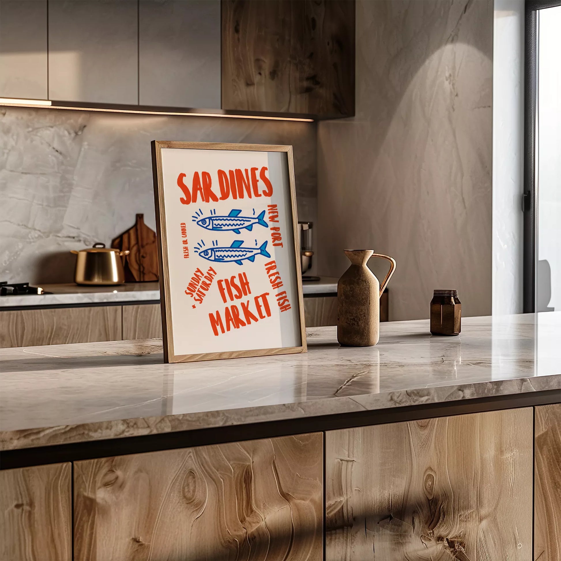 レトロな雰囲気の青いイワシと赤文字のフィッシュマーケットイラスト