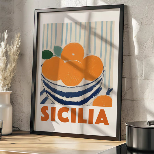 シチリアオレンジのレトロなアートポスター、青いボウルと縞模様の背景