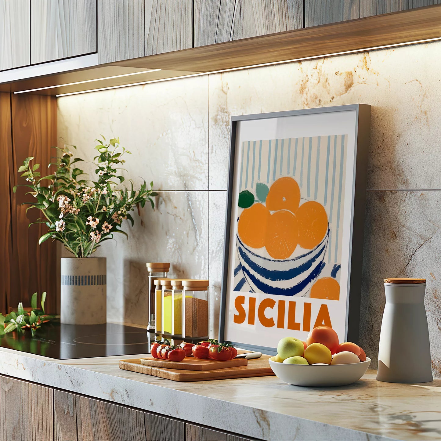 シチリアオレンジのレトロなアートポスター、青いボウルと縞模様の背景